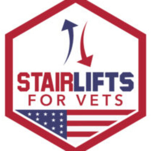 Stair Lifts for Vets nonprofit logo featuring a patriotic house and stair lift icon with red, navy, and gold colors representing veterans helping veterans stay safely in their homes.