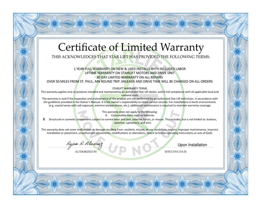 Certificate of Limited Warranty for Star Lift stairlift service