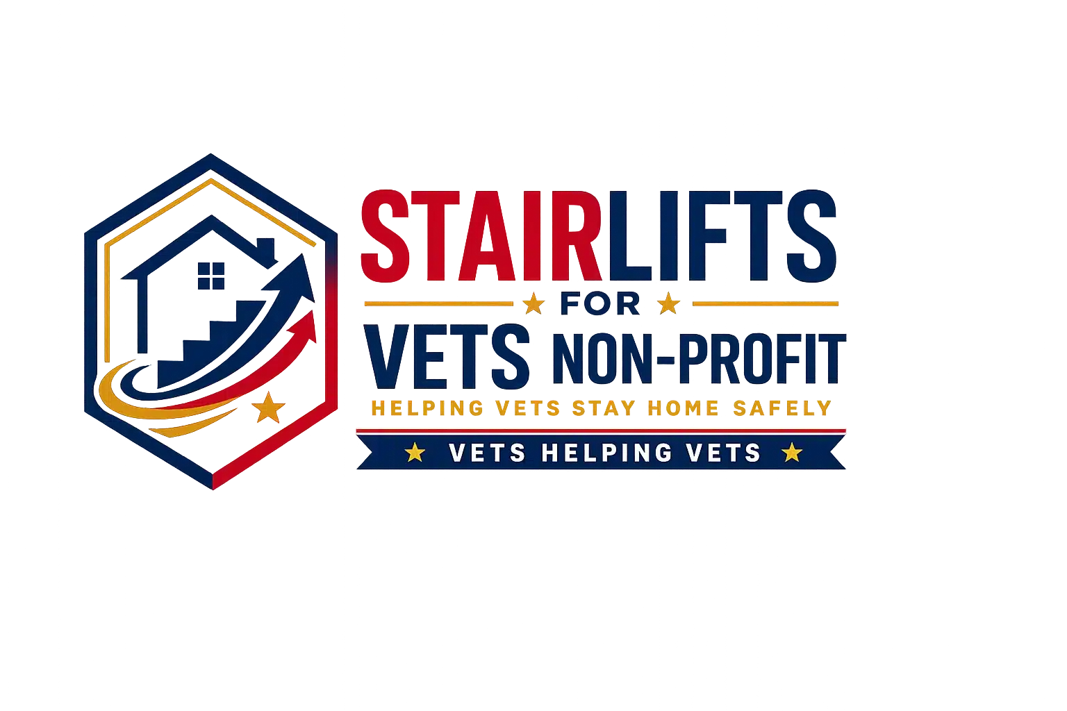 Stair Lifts for Vets Nonprofit Logo | Helping Veterans Stay Home Safely Stair Lifts for Vets nonprofit logo featuring a patriotic house and stair lift icon with red, navy, and gold colors representing veterans helping veterans stay safely in their homes.