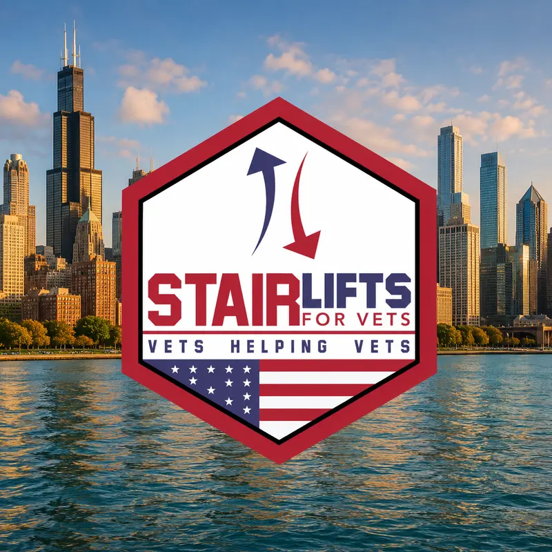 Chicago Stair Lift Installation for Veterans Stair Lift for Vets logo with the Chicago skyline and Willis Tower