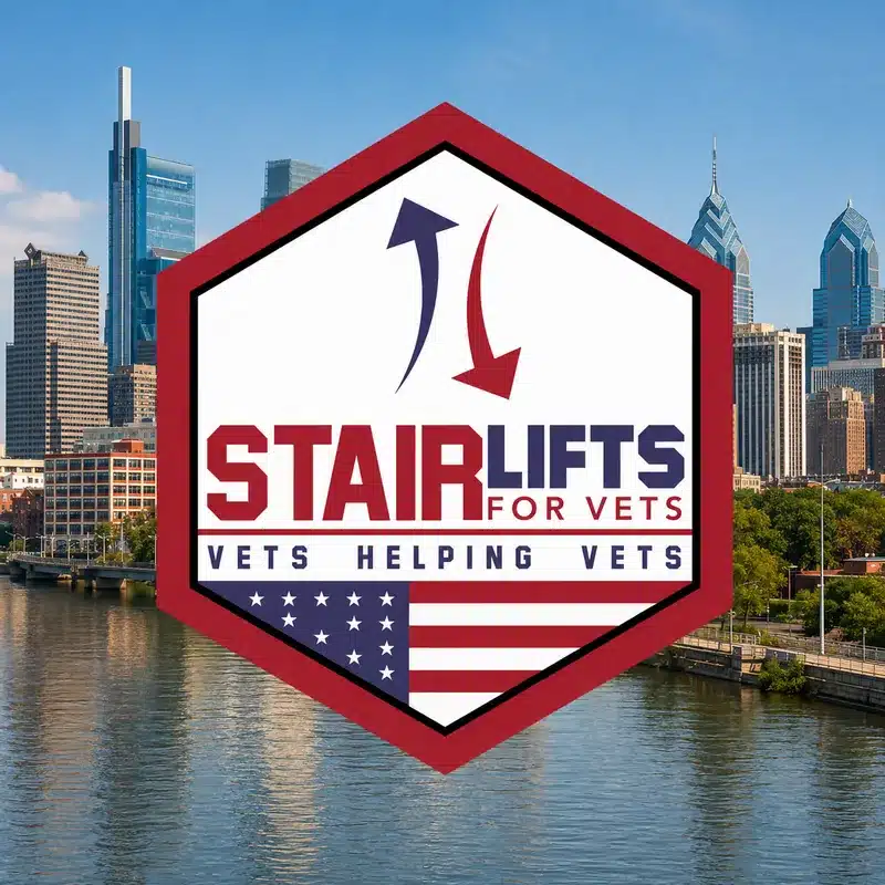 Stair Lift for Vets logo with the Minneapolis and Saint Paul skyline in Minnesota