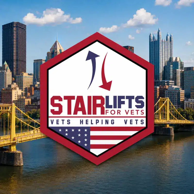 Stair Lift for Vets logo with the Minneapolis and Saint Paul skyline in Minnesota