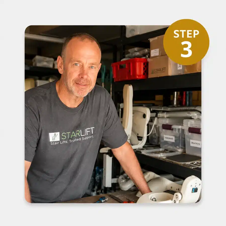 Step 3: Stair Lift Reconditioning and Preparation Lead reconditioning technician preparing stair lift equipment with a gold Step 3 badge