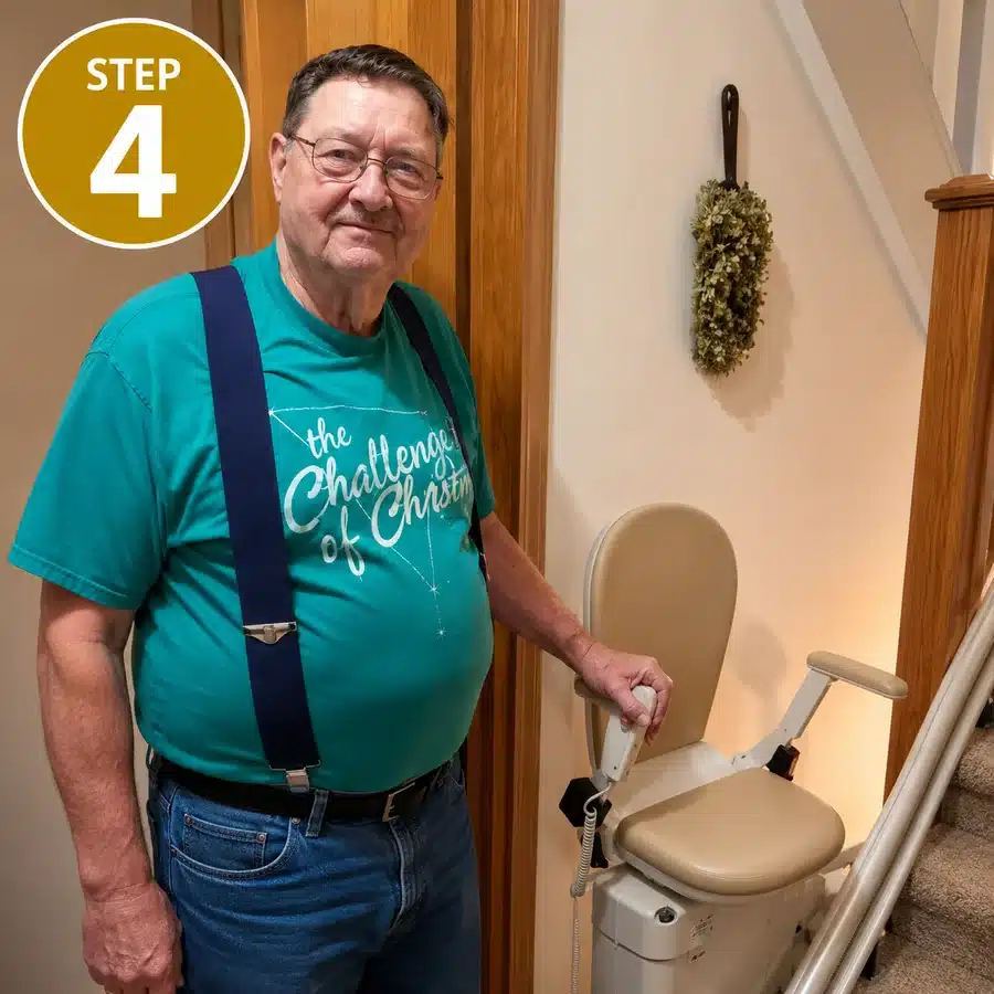 Step 4: Professional Stair Lift Installation Veteran standing beside his newly installed stair lift with a gold Step 4 badge