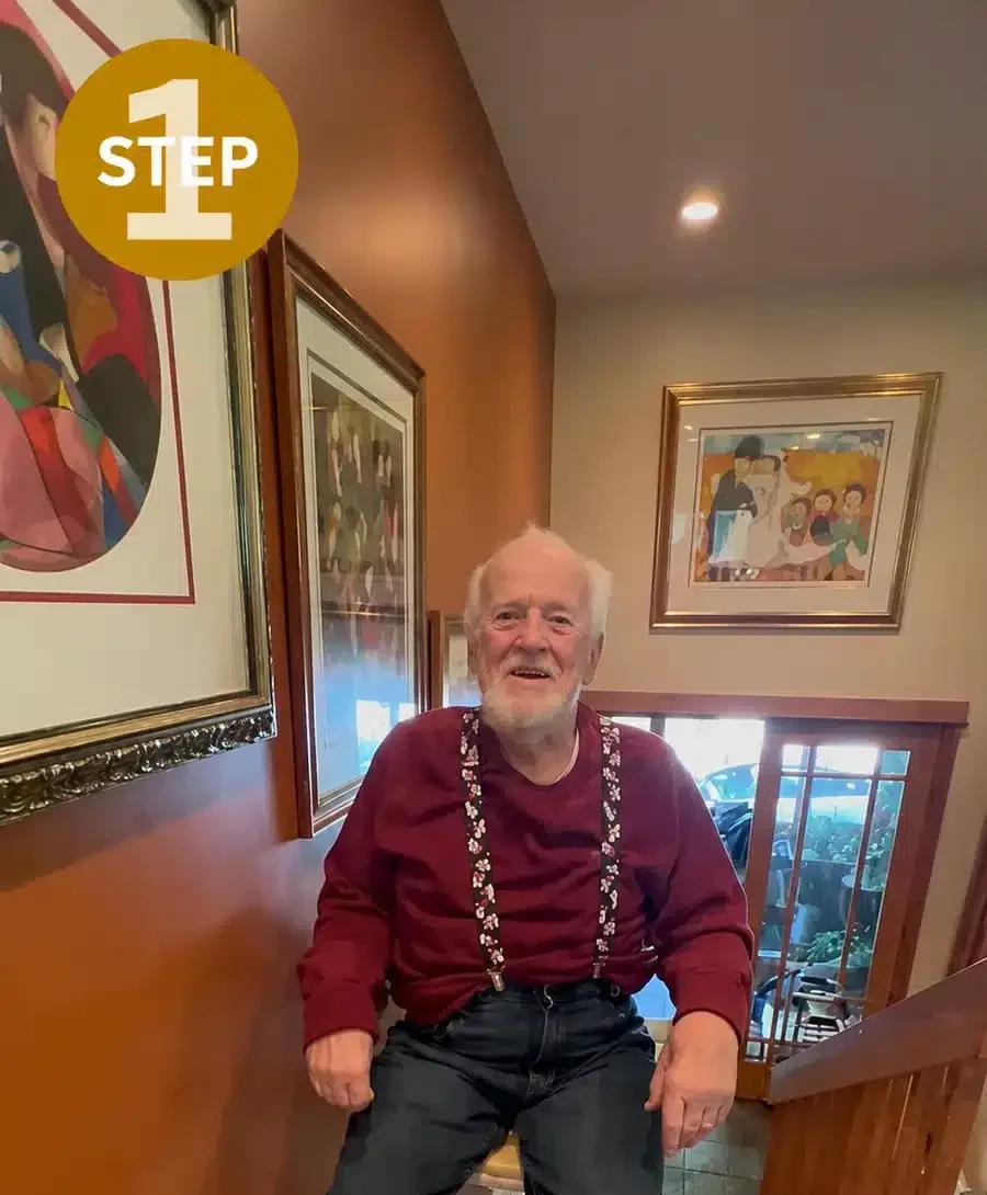 Stair Lift Users and Families | Stair Lift for Vets Three people using stair lifts in their homes with a family member standing nearby